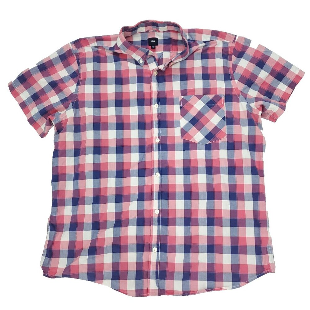 Gap Button Shirt Mens XL Blue White Red Short Sleeve Big Gingham Check Cotton